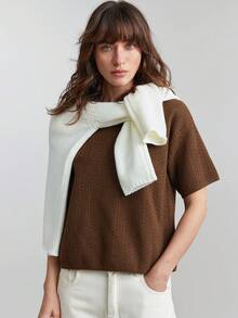 Ontre 2026春夏新款都市时尚风，简约舒适，咖啡色，镂空设计，宽松版型，女士针织上衣，四季皆宜，适合返校季、商务休闲、通勤等场合，也可作为女士婚礼宾客图案T恤 - 咖啡棕 - 查看 7