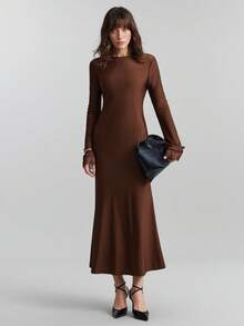 Ontre 女士棕色纹理高弹舒适面料露背蕾丝拼接V领露背前襟常规肩长袖美人鱼廓形复古邮轮度假风时尚都市休闲商务正式办公室连衣裙，优雅低调复古风格，高品质机场时尚，四季皆宜的美丽长裙，派对必备棕色长裙棕色婚礼宾客礼服棕色优雅连衣裙女士长袖优雅连衣裙棕色性感连衣裙情人节特别设计高端、优雅、复古 - 棕色 - 查看 3