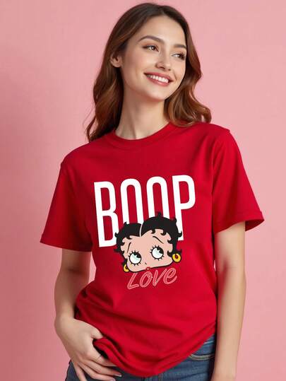 Betty Boop x SHEIN 女士休闲宽松圆领短袖 T 恤，适合夏季