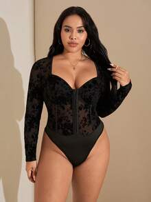 SHEIN Tall CURVE Plus Size Comfortable Casual Elegant Women's Floral Flocked Long Sleeve Bodysuit With Underwire Cups,Suitable For Party, Date Night, Events - Black - View 3