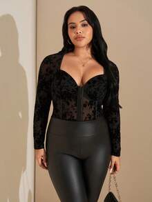 SHEIN Tall CURVE Plus Size Comfortable Casual Elegant Women's Floral Flocked Long Sleeve Bodysuit With Underwire Cups,Suitable For Party, Date Night, Events - Black - View 6