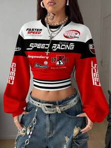 Coolane 这款休闲简约街头复古风红黑撞色赛车图案印花保暖卫衣，适合秋冬季节穿着，风格百搭，兼具复古、学院风、性感、可爱、Y2K、椰子女孩、波西米亚风、嬉皮风和音乐节元素。 - 彩色 - 查看 2