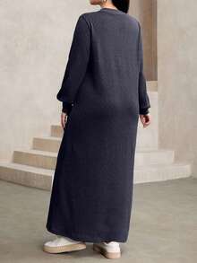 Modelyn Women's Casual Loose Textured Fabric Round Neck Long Dress, Navy Blue, Autumn/Winter - Dark Grey - View 2