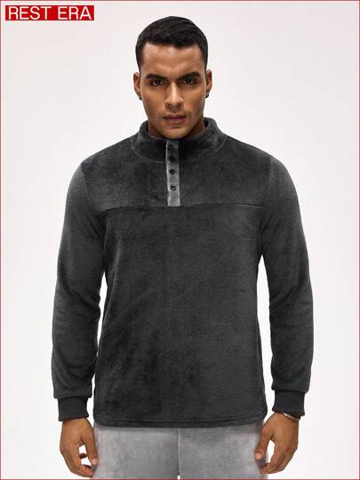 Rest Era Men's Solid Color Button Half Placket Long Sleeve Loungewear Top, Fluffy Winter