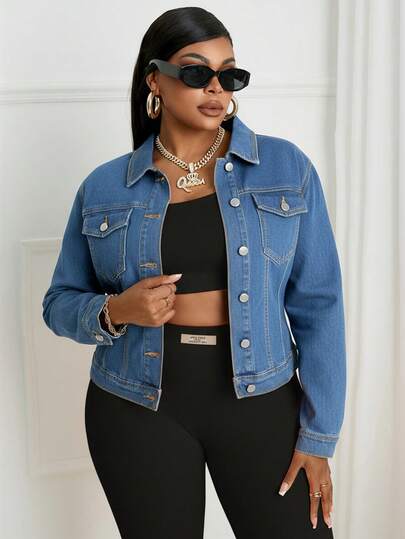 SHEIN SXY Plus Size Casual Washed Denim Jacket, Autumn Women Jean Jacket Plus Size Jean Jacket Cropped Denim Jacket Crop Jean Jacket