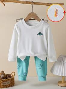 男童加厚柔软超细抓绒可爱小恐龙印花圆领长袖上衣和恐龙印花长裤套装 - 彩色 - 查看 10