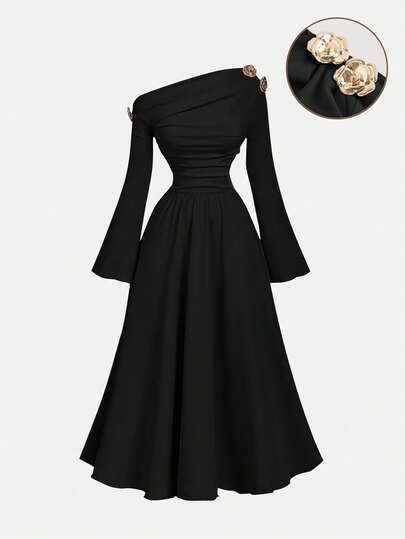 SHEIN MOD Vestido midi con hombro asimétrico color albaricoque para mujer, vestido de un solo hombro elegante, ropa de otoño/invierno, vestido de Acción de Gracias, vestido de Año Nuevo, vestido de fiesta, vestidos elegantes para damas, otoño elegante, vestido de Navidad