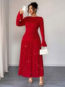 SHEIN Elenzya Elenzga 女士加大码优雅修身喇叭袖网纱拼接串珠连衣裙，秋冬款 - 紅色 - 查看 7