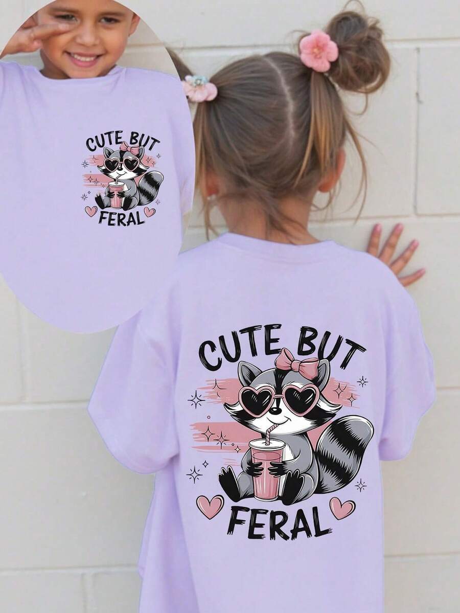 SHEIN 年轻女孩休闲时尚舒适简单浣熊字母“可爱但野性”短袖T恤,春夏 - 紫色 - 查看 1