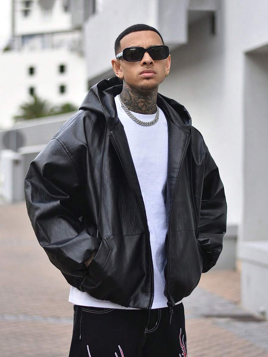 Devon Thys Chaqueta de cuero PU con capucha holgada de moda para hombre, estilo grunge, para otoño/invierno - Negro - Ver 1
