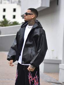 Devon Thys Chaqueta de cuero PU con capucha holgada de moda para hombre, estilo grunge, para otoño/invierno - Negro - Ver 5
