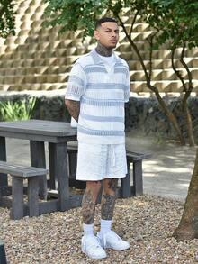 Devon Thys Camisa polo de manga corta tejida con rayas huecas para hombre - Azul y blanco - Ver 5