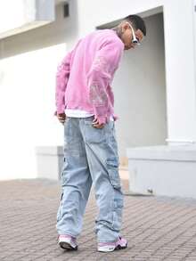 Devon Thys Unisex Street Fashion Cross Jacquard Crew Neck Loose Fit Casual Sweater, Suitable For Spring, Autumn And Winter - Pink - View 2