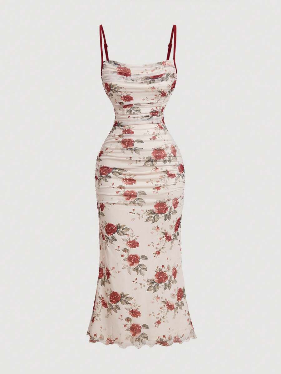 SHEIN MOD Đầm xếp ly eo in hoa cổ điển cho nữ, dây đeo vai nhiều màu - Màu Đỏ Sâu - Xem 1