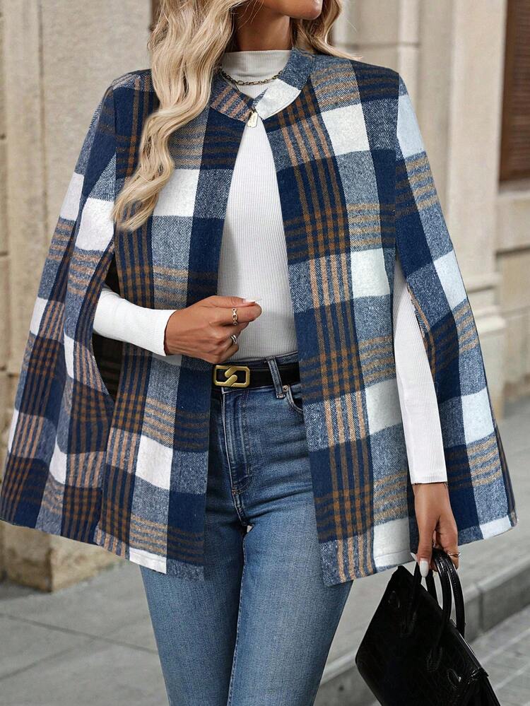 EMERY ROSE Women's Plaid Poncho Sleeve Elegant Loose Woolen Coat, Autumn/Winter,Fall,Fall Clothes For Women,Women's Winter Clothes - Blue - View 6
