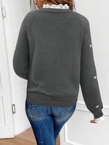 Serisse Suéter de mujer con bordado de corazón, patchwork y mangas raglán, blusas de manga larga, suéter de punto en otoño/invierno - Gris Oscuro - Ver 2