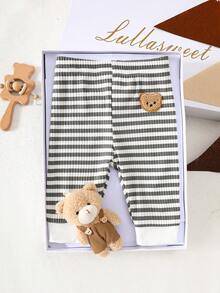 Newborn Baby Bear Ribbed Pants&T-Shirt,Gray & White Stripes,Adorable Bear Applique Decor,Soft & Comfortable Striped Outfit Set For Newborns - Grey - View 4