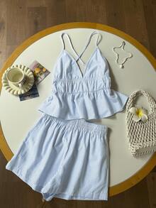 Women's Casual Blue Knitted Camisole And Shorts Set, Brand - 淺藍色 - 查看 5