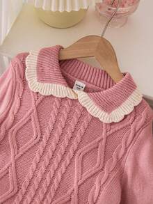 Girls Collared Twist Rope Long Sleeve Sweater Dress Set, Cute & Minimalist Style Girls Sweater Sets Girls Spring Autumn French Style Dress Girl Clothes Autumn And Winter Clothes Girl Clothes Skirt Set Girls Dress Winter Girls Winter Clothes Girls Autumn Clothes Girls French Style Dress - Pink - View 3