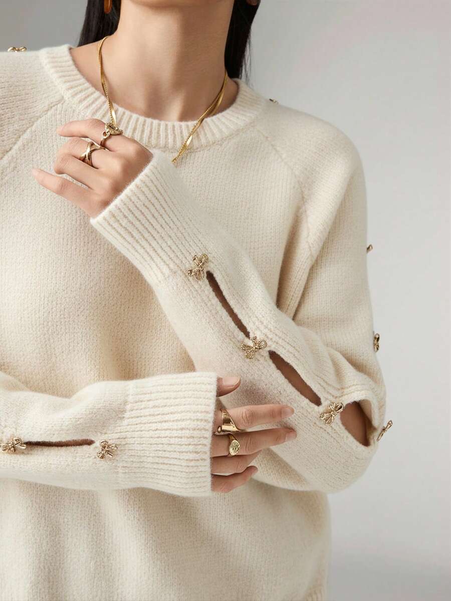 Heiryn Áo len dệt kim rỗng trang trí nơ đa năng thời trang nữ, Thu/Đông - Màu be - Xem 1