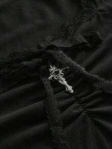 ROMWE Goth 哥特风百搭蛇纹植绒喇叭袖连体衣（女款） - 黑色 - 查看 3