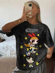 THE POWERPUFF GIRLS X SHEIN 女式休闲街头风格花朵、泡泡、毛茛图案落肩宽松短袖水洗 T 恤，夏季 - 白色 - 查看 5