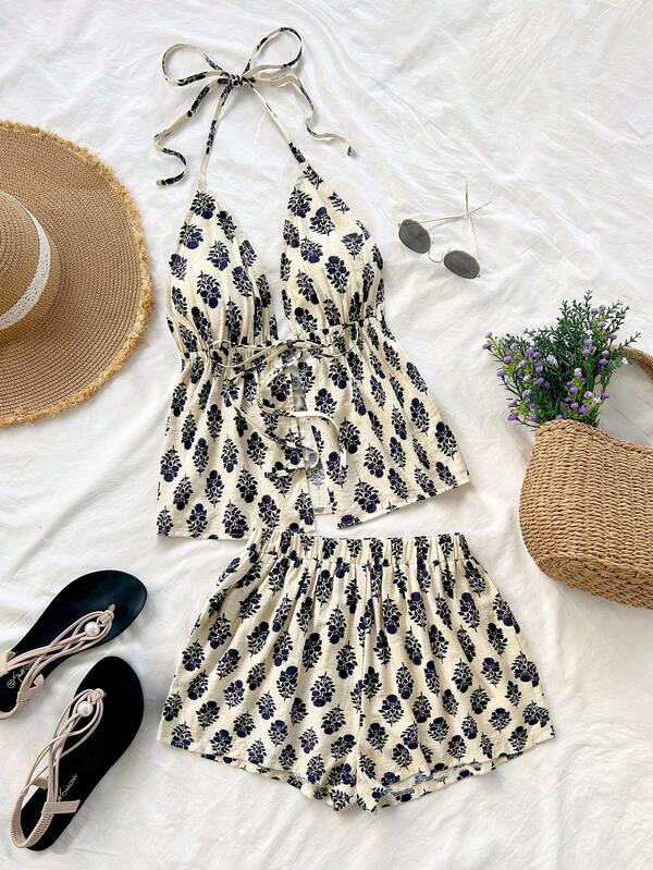 Soleia Setelan 2 Potong Wanita Motif Bunga Biru Tua Musim Panas Gaya Boho untuk Liburan Pantai, Atasan Halter Leher V dengan Ikatan Depan dan Celana Pendek Longgar, Motif Retro Vintage, Liburan Kapal Pesiar