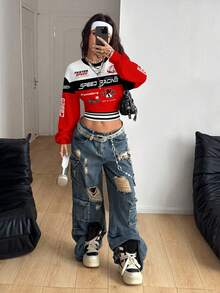 Coolane 这款休闲简约街头复古风红黑撞色赛车图案印花保暖卫衣，适合秋冬季节穿着，风格百搭，兼具复古、学院风、性感、可爱、Y2K、椰子女孩、波西米亚风、嬉皮风和音乐节元素。 - 彩色 - 查看 6