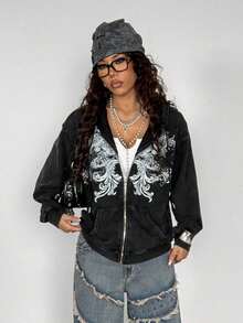 StreetHx Women's Y2K Style Gothic Retro Distressed Loose Sweatshirt, Streetwear For Autumn/Winter - Black - View 7