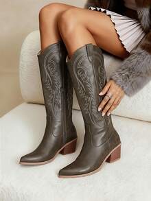 Daringsoles Giày bốt cao gót mũi nhọn kiểu Tây cho nữ, giày bốt cưỡi ngựa cao đến đầu gối thêu da lộn cho mùa thu/đông - Xám - Xem 3