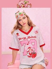 Strawberry Shortcake X SHEIN 女士可爱甜美条纹卡通图案短袖T恤，夏季 - 紅白色 - 查看 6