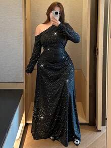 Vibekara 大码女装秋冬斜肩长袖收腰A字亮片连衣裙，优雅复古可爱派对度假连衣裙 - 黑色 - 查看 3