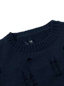 Manfinity EMRG Men's Solid Color Crew Neck Long Sleeve Distressed Sweater, Autumn/Winter - Royal Blue - View 3