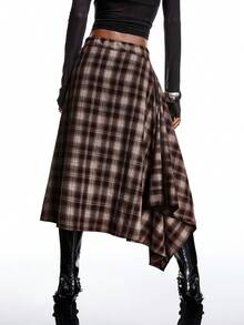 LYSMO 2025新款极简主义冬季女士棕色格子裹身不对称下摆时尚百搭半身裙，适合外出、休闲、圣诞节派对、新年等正式场合，秋季和冬季皆宜。 - 咖啡棕 - 查看 2