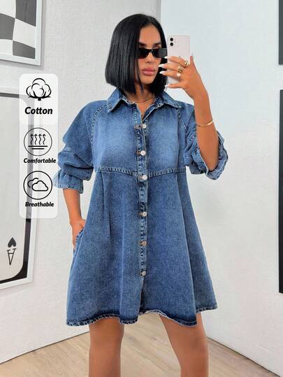 SHEIN PETITE Women's Fashion Pleated Loose Front Button Denim Dress With Raglan Sleeves