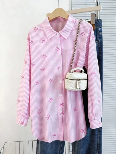 Sweetra Plus Size Women Casual Loose Fit Striped Long Sleeve Shirt With Bow Tie, Autumn/Winter