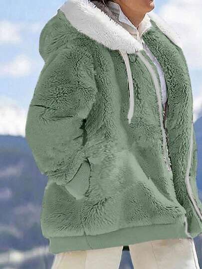 INAWLY Plus Size Solid Color Splice Long Sleeve Front Zipper Hooded Casual Jacket, Winter Fall Autumn