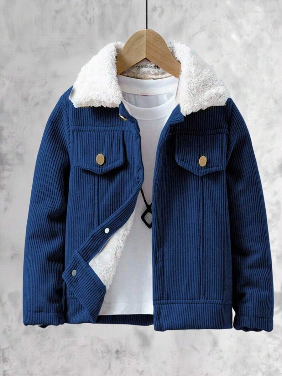 SHEIN Vacaura Áo khoác nỉ nhung cổ bẻ phong cách retro cho bé trai tuổi teen, thích hợp cho các buổi đi chơi mùa thu/đông ở trường - Màu xanh lam - Xem 1