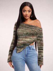 Radiana 女士性感休闲复古美拉德棕色不对称肩长袖上衣，修身针织衫，柔软舒适，适合秋冬季穿着 - 彩色 - 查看 3