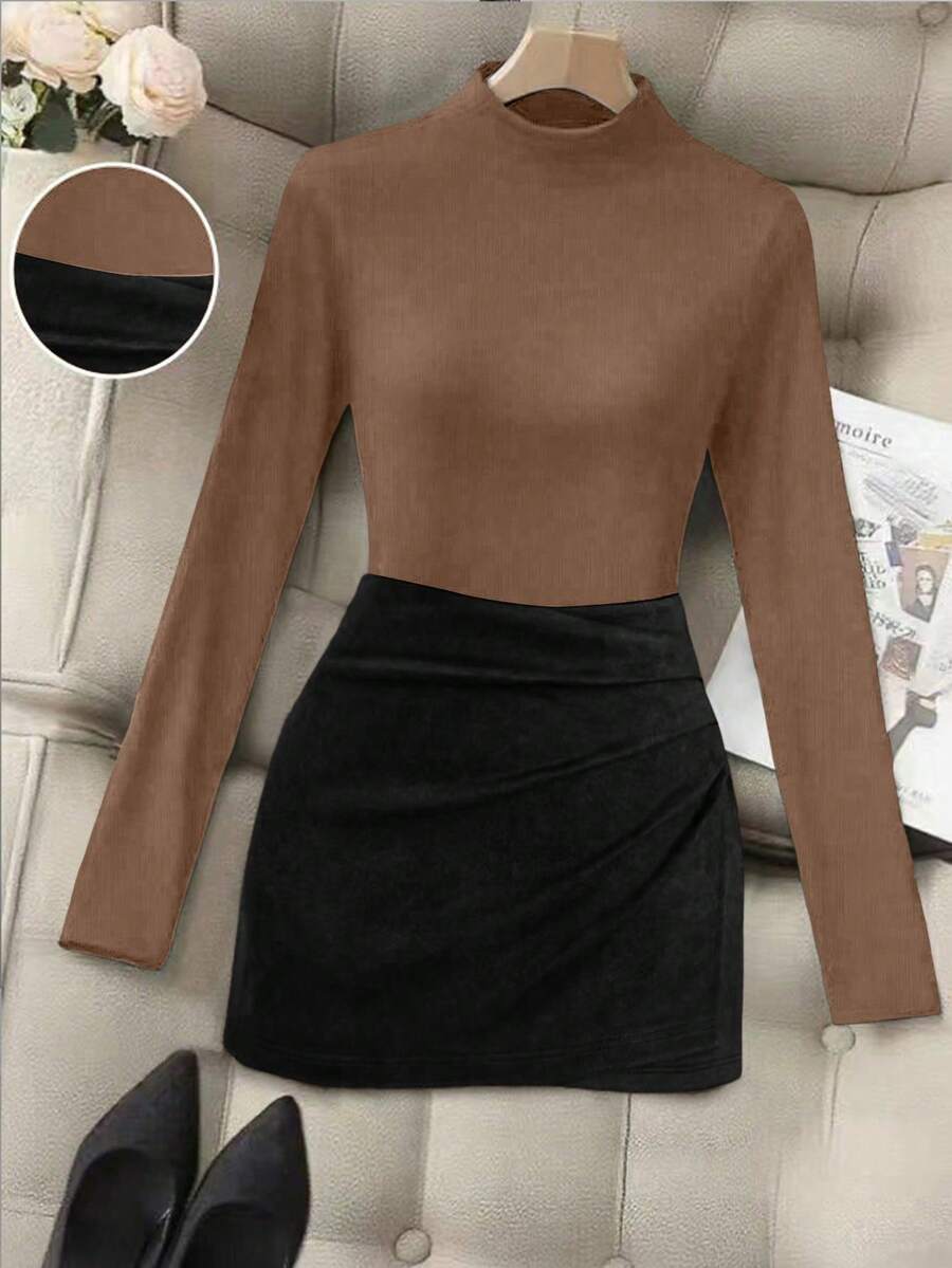 Franclia 女士休闲、办公、通勤百搭立领长袖T恤和百褶裙两件套，秋冬款 - 彩色 - 查看 1