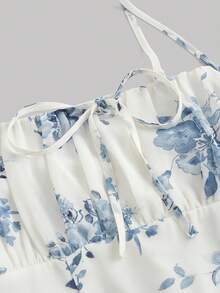 SHEIN MOD Women's Floral Print Frilled Hem Cami Dress,Pastel Dresses For Women - Blue and White - View 3
