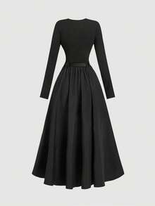 SHEIN MOD 1 chiếc váy dài tay màu trơn dành cho nữ (có thắt lưng), thời trang mùa đông, váy kiểu Pháp - màu đen - Xem 2