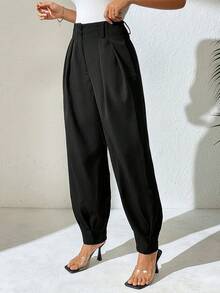 SHEIN PETITE Women's Elegant High-Waisted Black Straight-Leg Pants With Double-Button Decoration And Pleats, Suitable For Spring And Autumn