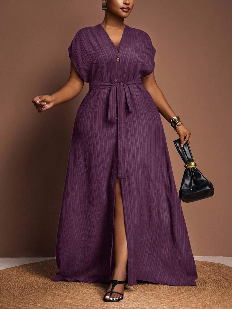 Versatile All-Match Casual Elegant Ruffled Tie Waist Short Sleeve Plus Size Beach Dress, Suitable For Easter, Western, Beach, Boho - Purple - View 1