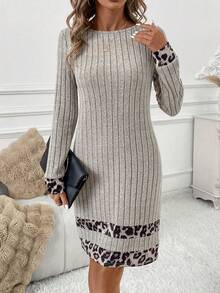 SHEIN Clasi 秋季大码休闲豹纹拼布连衣裙 - 灰色 - 查看 7