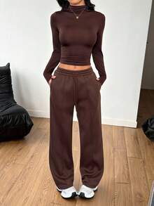 SHEIN PETITE 2pcs Women Casual Solid Color Stand Collar Fitted Long Sleeve T-Shirt & Drawstring Waist Straight Pants Set, Suitable For Autumn/Winter - Brown - View 7