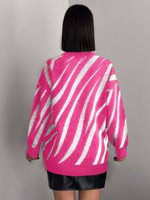 SHEIN Cottnline 女士条纹落肩毛衣 - 玫紅色 - 查看 2