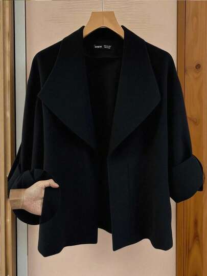 Franclia 女士休闲短款夹克，独特设计，复古风格，翻领，解扣，轻便通勤休闲风衣黑色开衫黑色夹克女士黑色夹克女士黑色西装外套正装夹克