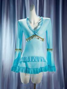 Set de 2 camisones sexy con mangas con volantes y decoración de cadena dorada glamorosa - Azul - Ver 6