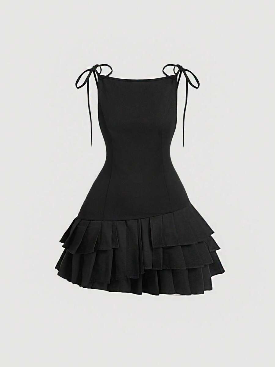 SHEIN MOD Váy midi thắt nơ cổ điển ngọt ngào cho nữ, váy ngắn đen, váy ngắn đen, trang phục dự tiệc sinh nhật, váy dạ hội, trang phục tiệc độc thân - màu đen - Xem 1